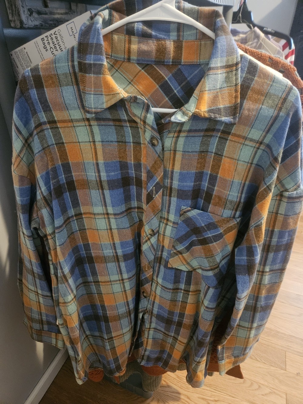 Men's Plaid Button-Up Shirt in Blue and Orange